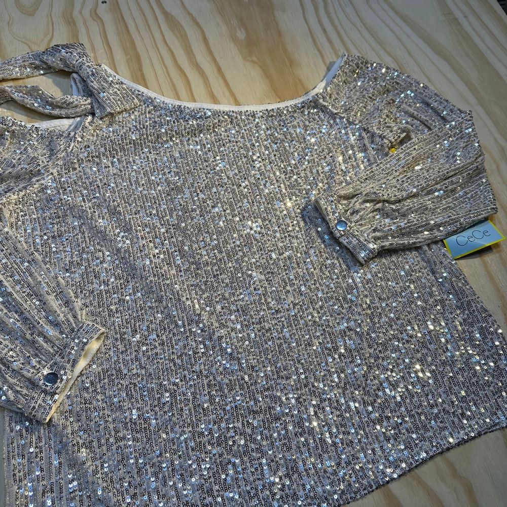 CeCe Women's Sequin Cold Shoulder Champagne Silver Tie Blouse Shirt Sz XL NEW